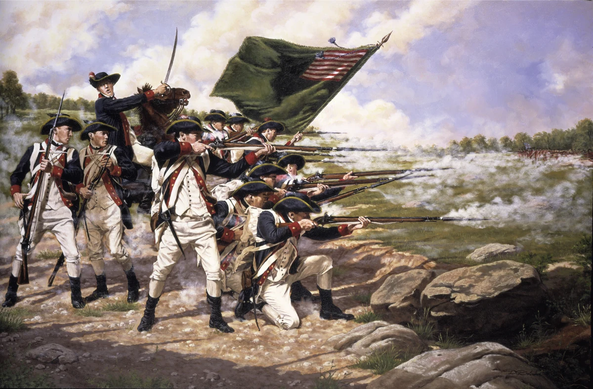 Interpretive historical painting of American forces during the Battle of Long Island in 1776.