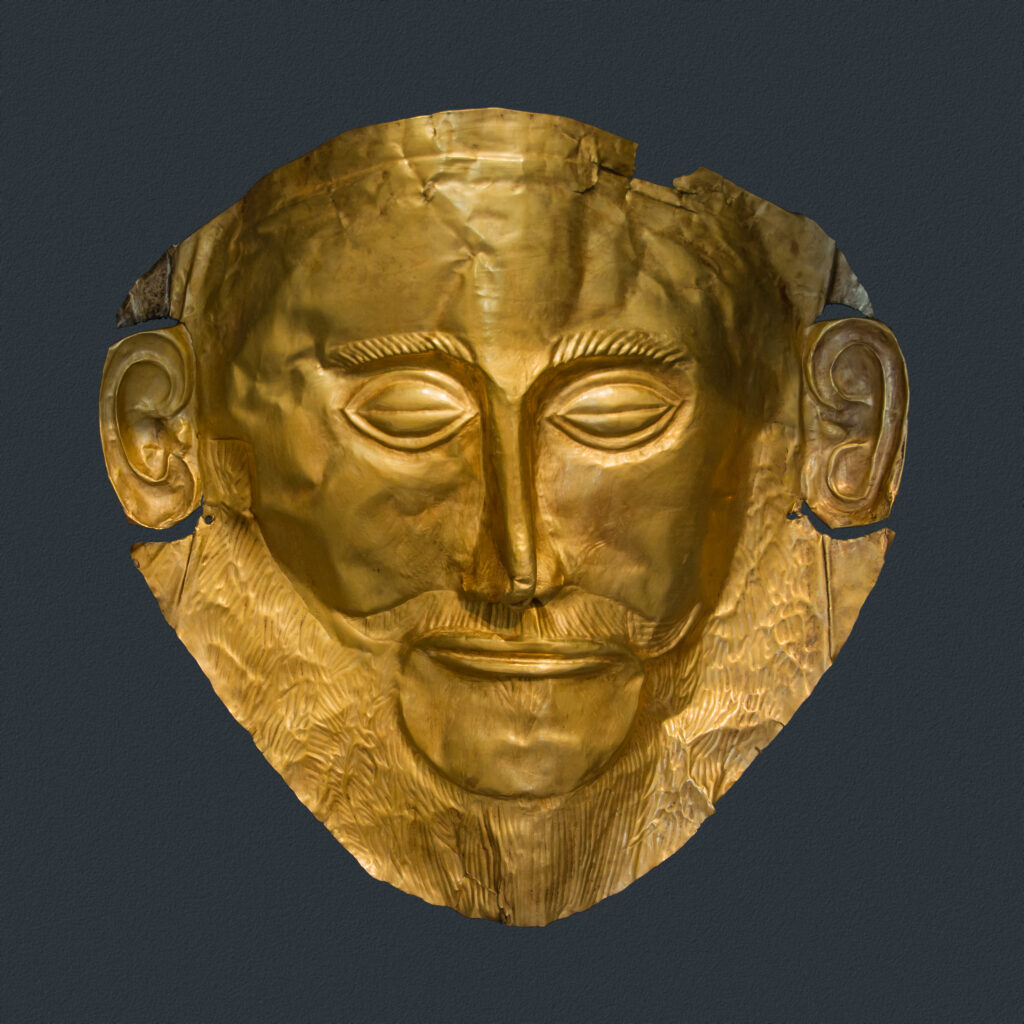 Gold funerary mask from Grave Circle A at Mycenae known as the Mask of Agamemnon