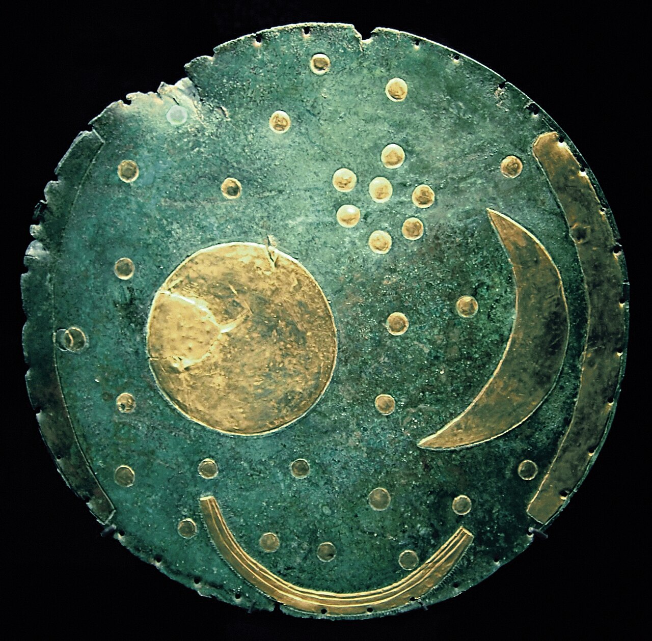 The Nebra Sky Disc, a Bronze Age bronze disc with gold celestial symbols
