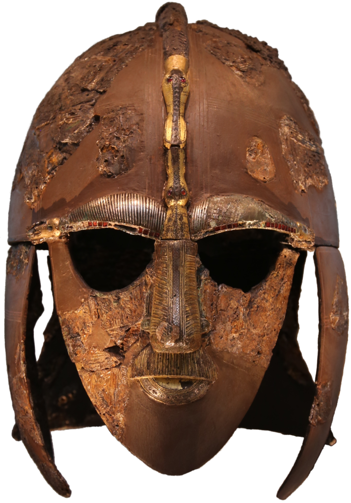 Reconstructed Sutton Hoo helmet viewed from the front